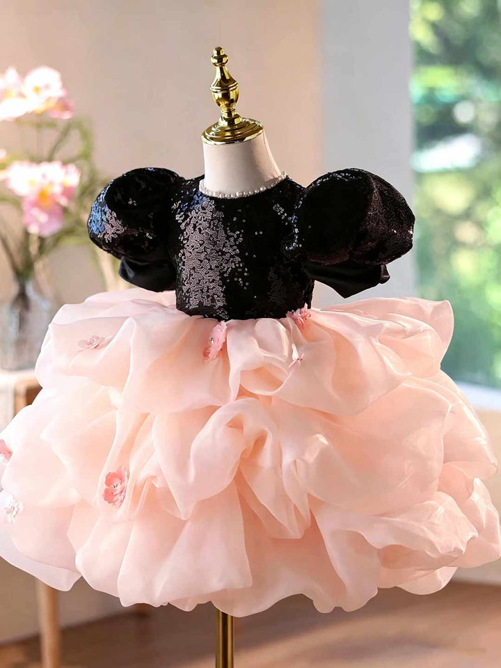 Black Pink Sequin Puff Sleeve Ruffle Girls Party Dress D246
