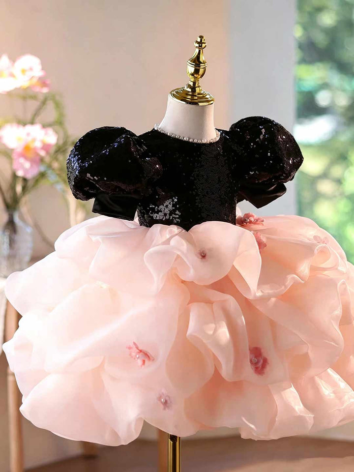 Black Pink Sequin Puff Sleeve Ruffle Girls Party Dress D246