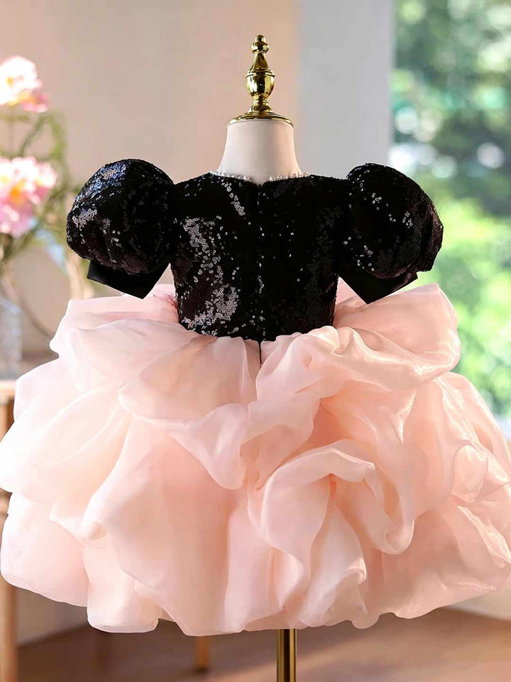 Black Pink Sequin Puff Sleeve Ruffle Girls Party Dress D246