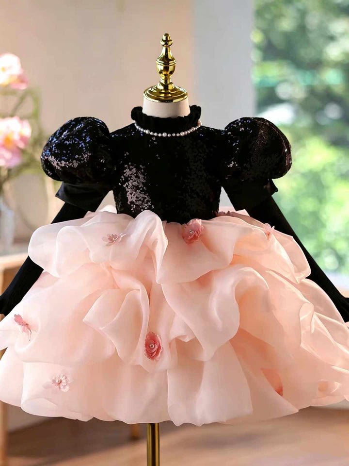 Black Pink Sequin Puff Sleeve Ruffle Girls Party Dress D246