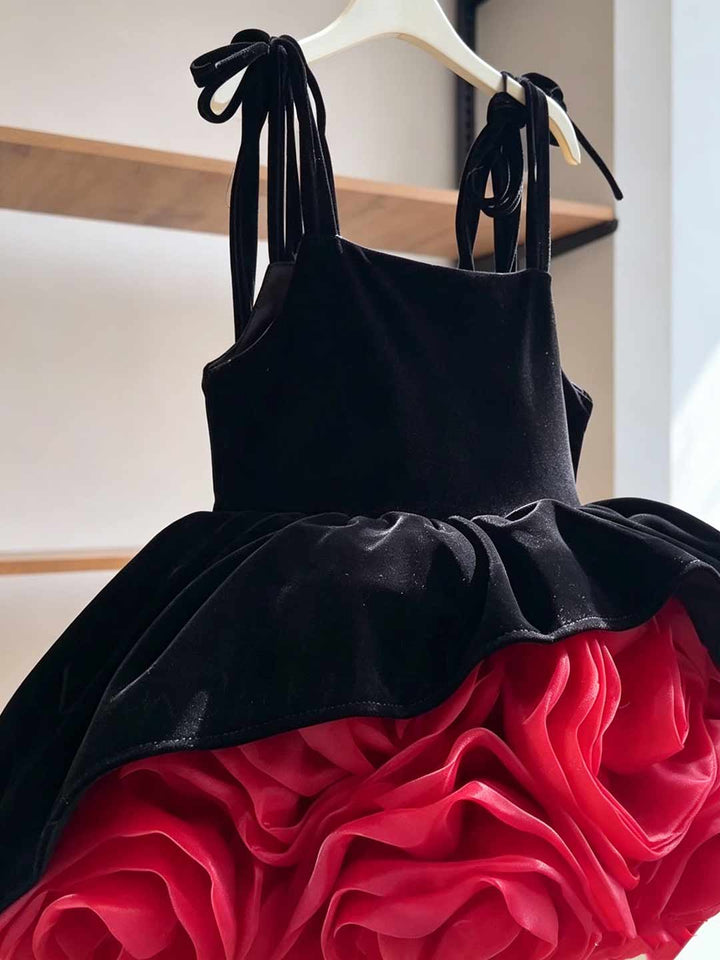 Black Red Sequin Bow Short Flower Girl Dress D003