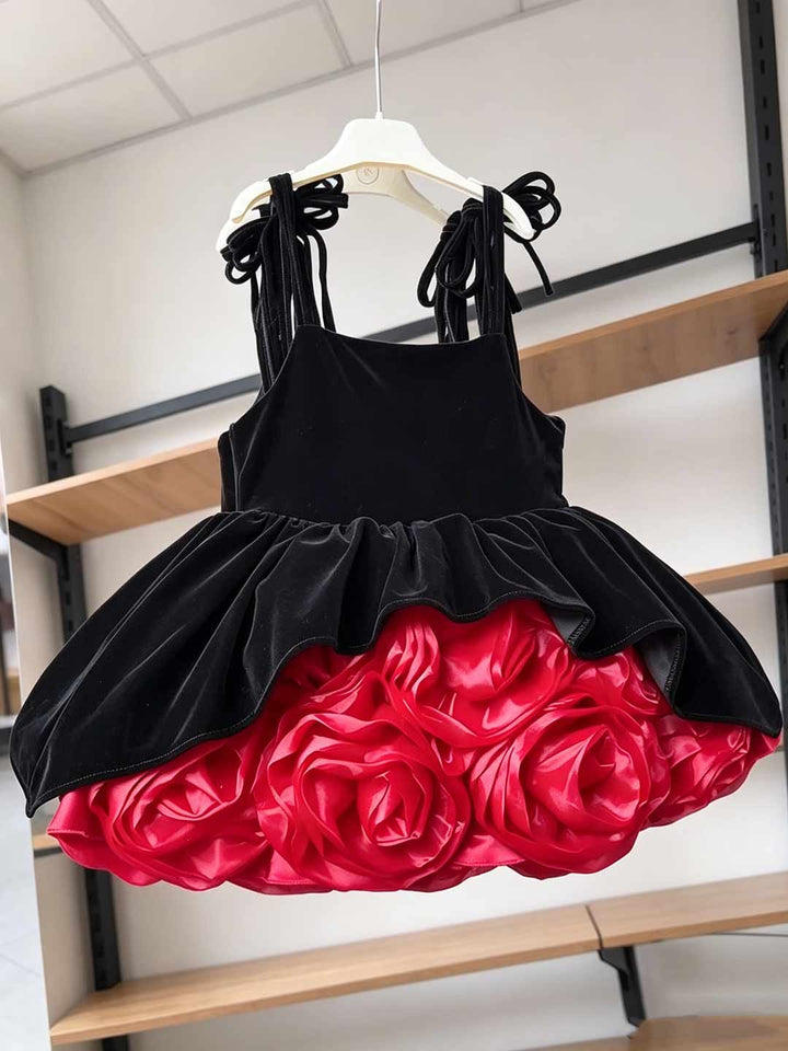 Black Red Sequin Bow Short Flower Girl Dress D003