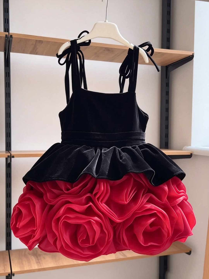 Black Red Sequin Bow Short Flower Girl Dress D003