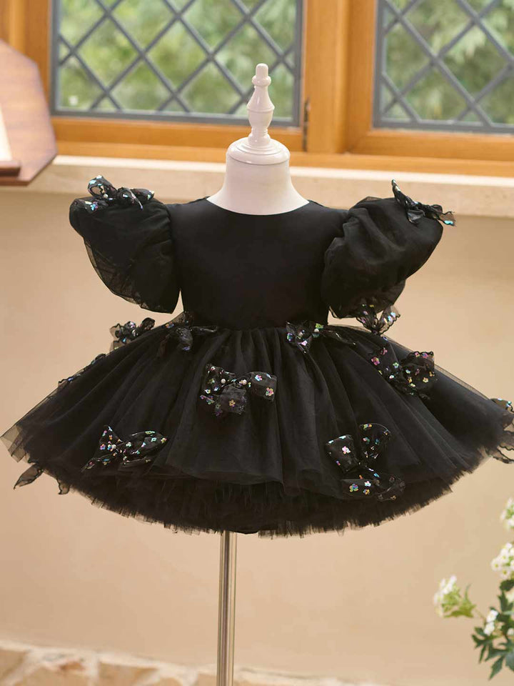 Butterfly Bow Puff Sleeve High-Low Flower Girl Dress with Tulle Train J508