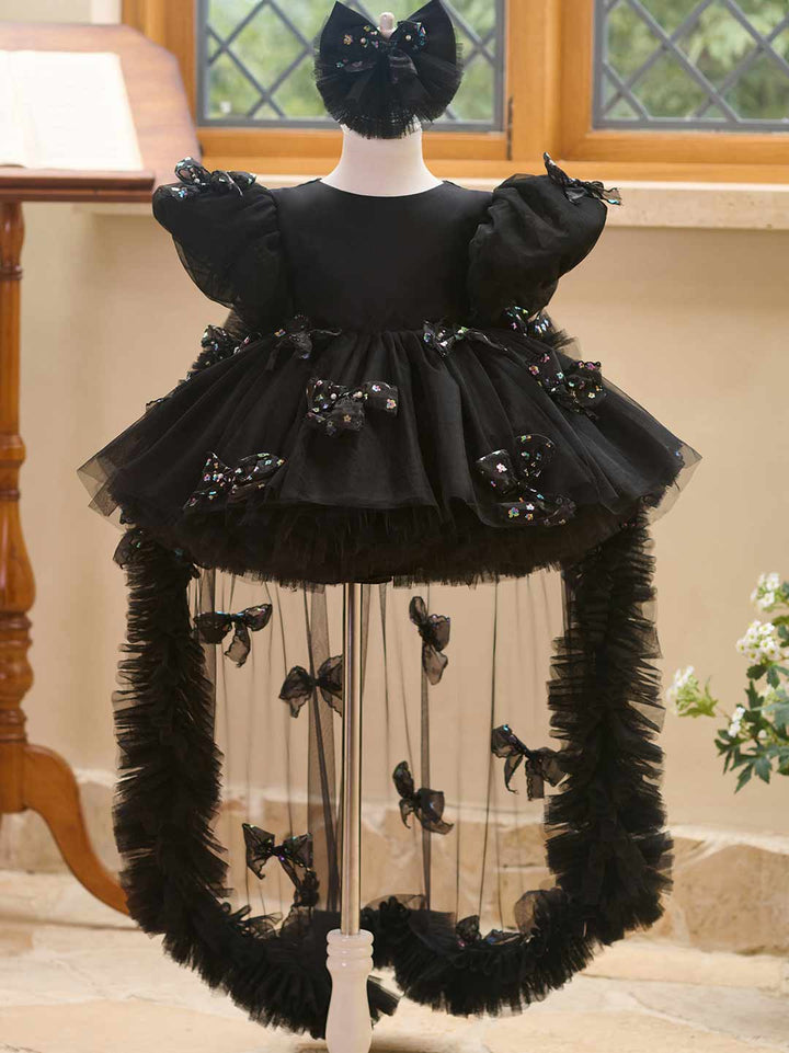 Butterfly Bow Puff Sleeve High-Low Flower Girl Dress with Tulle Train J508