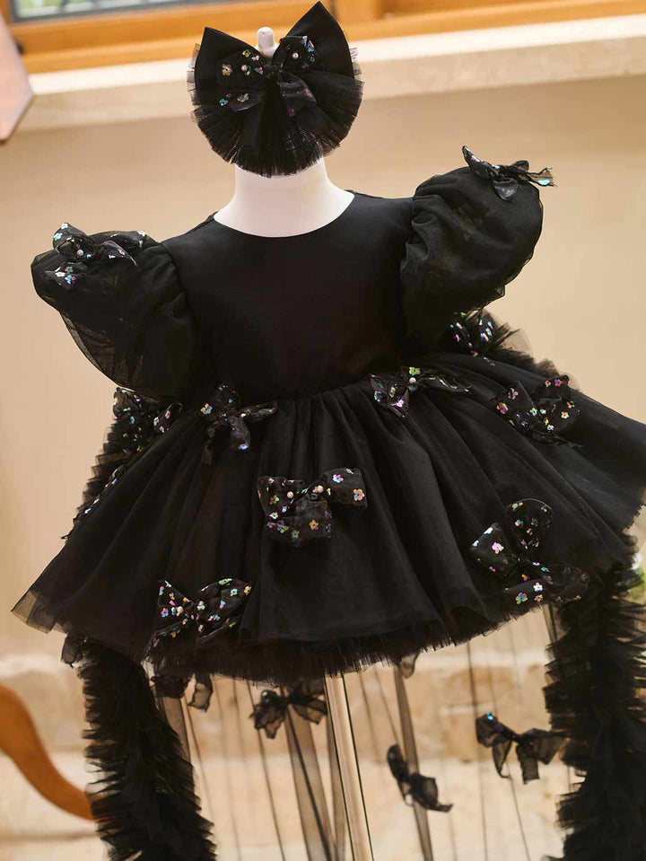 Butterfly Bow Puff Sleeve High-Low Flower Girl Dress with Tulle Train J508