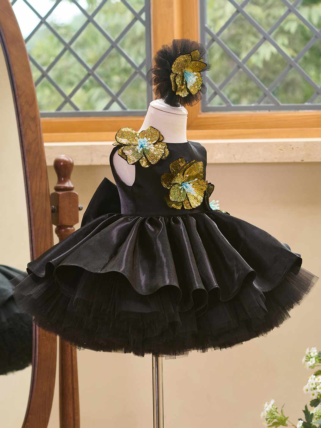 3D Sequin Floral Sleeveless Satin Girls Party Dress J509