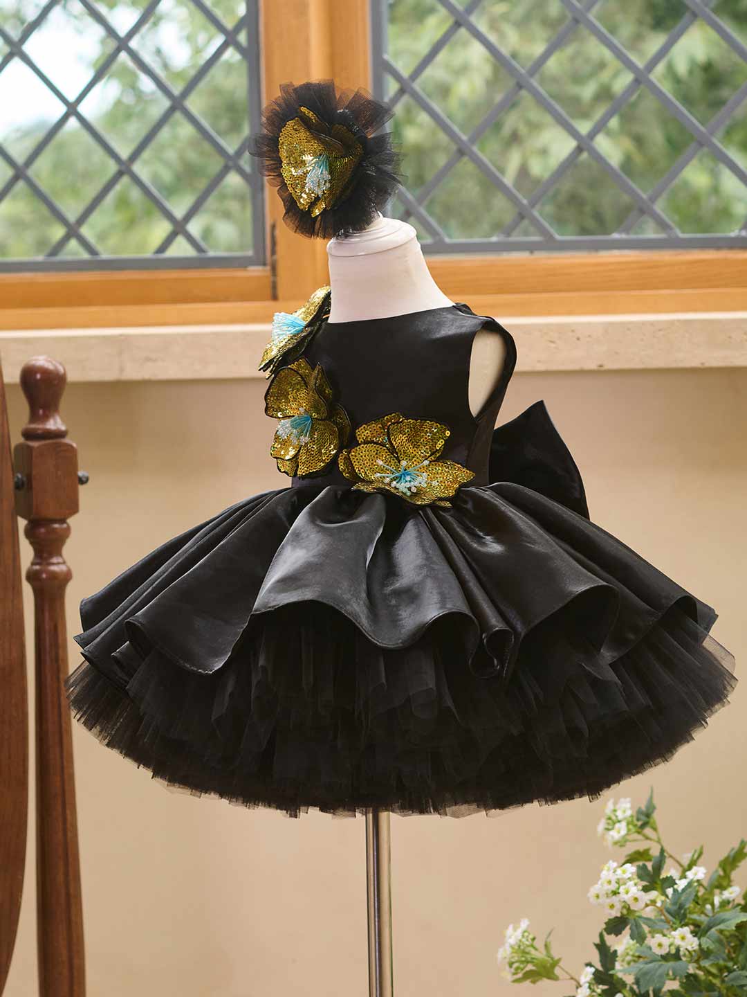 3D Sequin Floral Sleeveless Satin Girls Party Dress J509