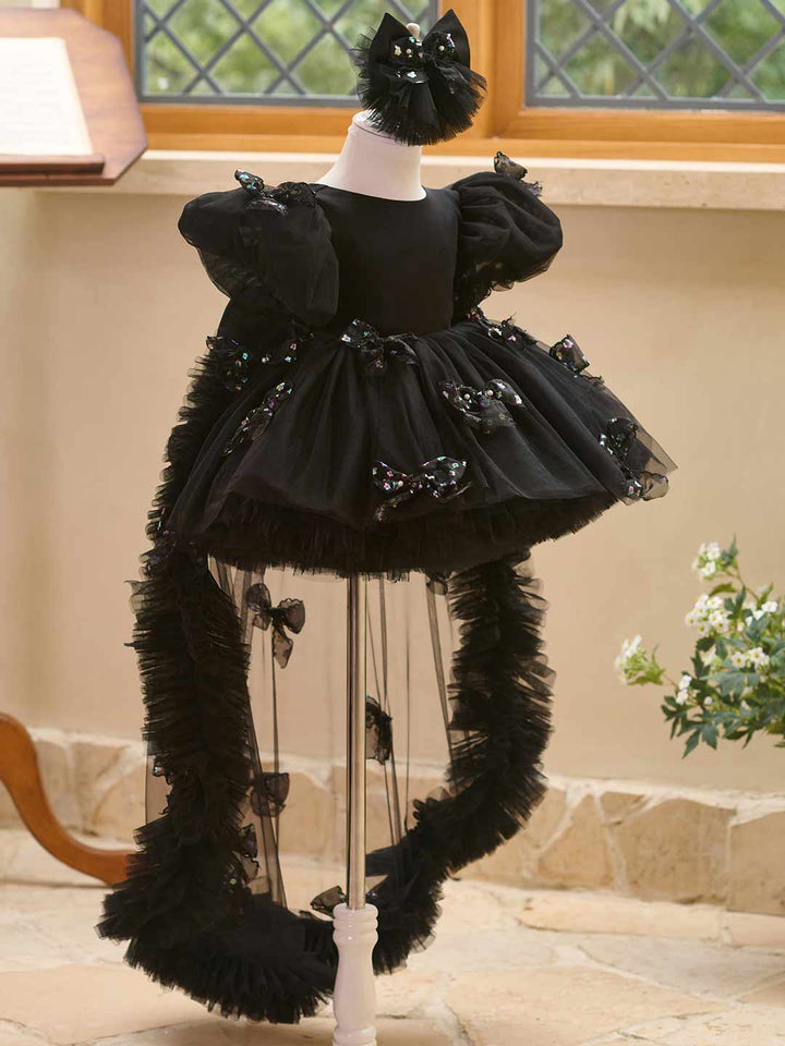 Butterfly Bow Puff Sleeve High-Low Flower Girl Dress with Tulle Train J508