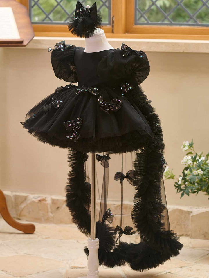 Butterfly Bow Puff Sleeve High-Low Flower Girl Dress with Tulle Train J508