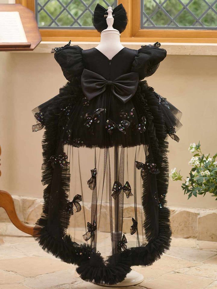 Butterfly Bow Puff Sleeve High-Low Flower Girl Dress with Tulle Train J508