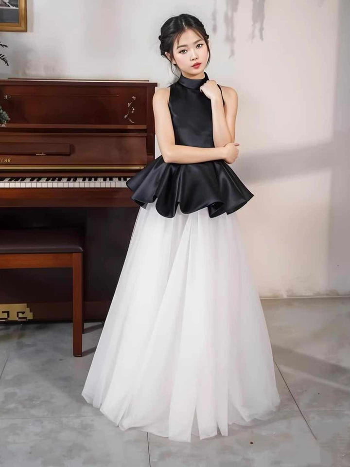 Girls Black and White High Neck Peplum Tulle Dress for Piano Recital Performance D374