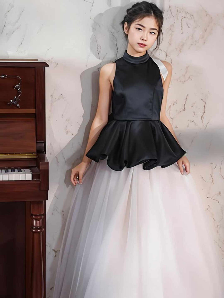 Girls Black and White High Neck Peplum Tulle Dress for Piano Recital Performance D374