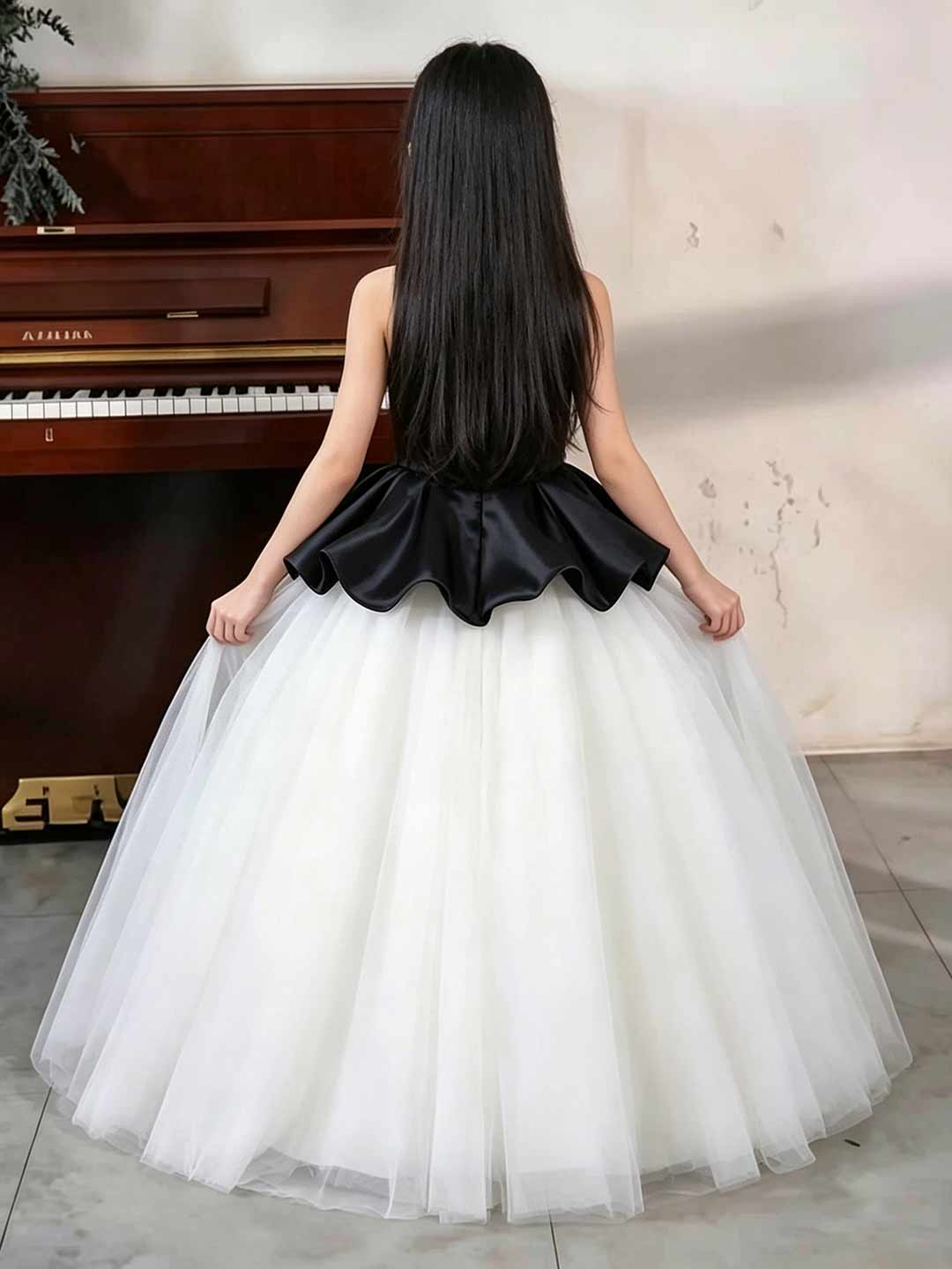 Girls Black and White High Neck Peplum Tulle Dress for Piano Recital Performance D374