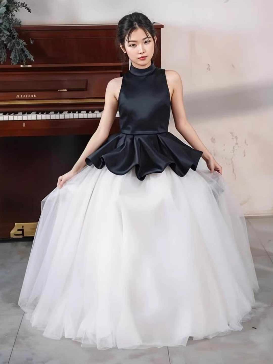 Girls Black and White High Neck Peplum Tulle Dress for Piano Recital Performance D374