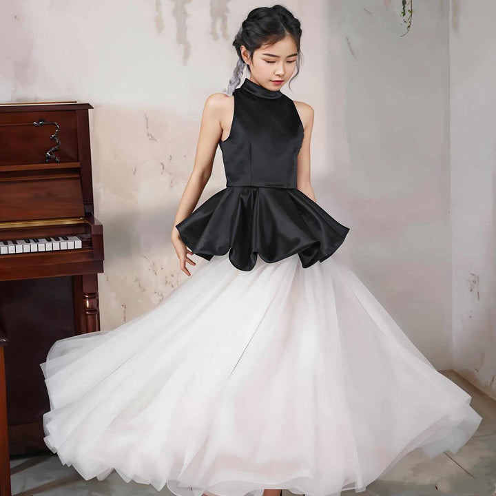 Girls Black and White High Neck Peplum Tulle Dress for Piano Recital Performance D374