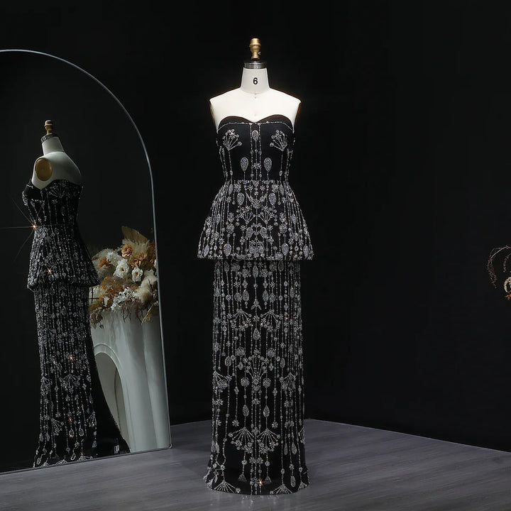 Elegant Black Strapless Evening Dress with Beaded Peplum Overlay SS635