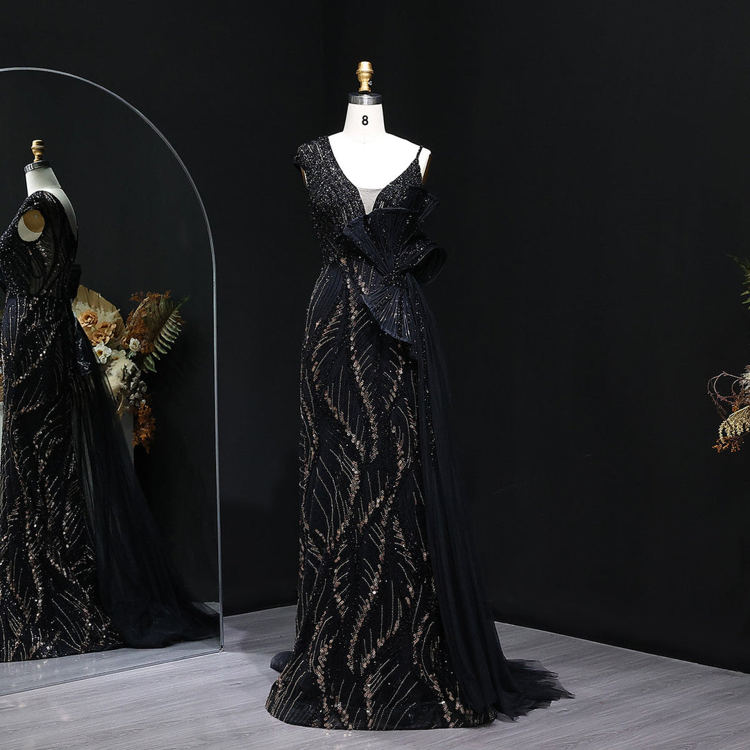 Elegant 3D Floral Beaded Evening Dress with Flowing Overskirt SS062