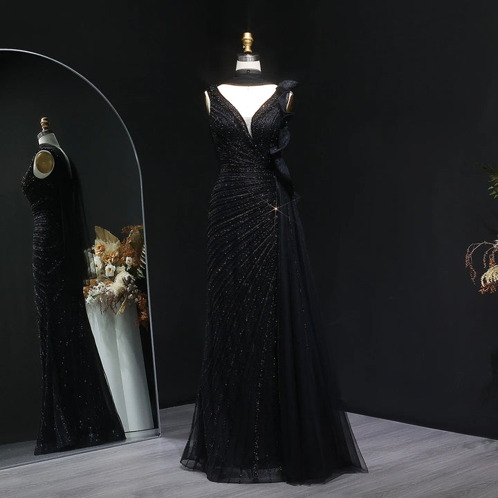 Luxury Burgundy Mermaid Evening Dress with Sparkling Beads, Scarf and Overskirt SS189