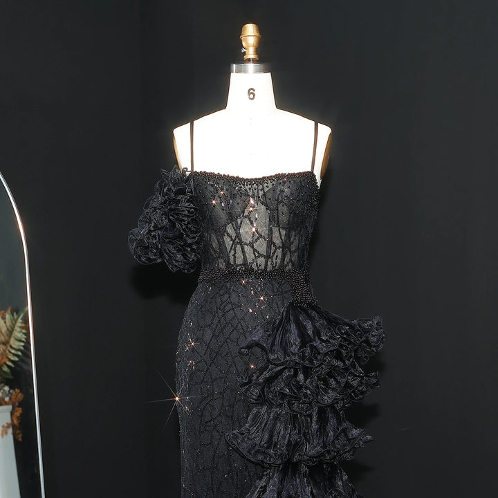 Elegant Gold Evening Dress with Tiered Ruffles SS046