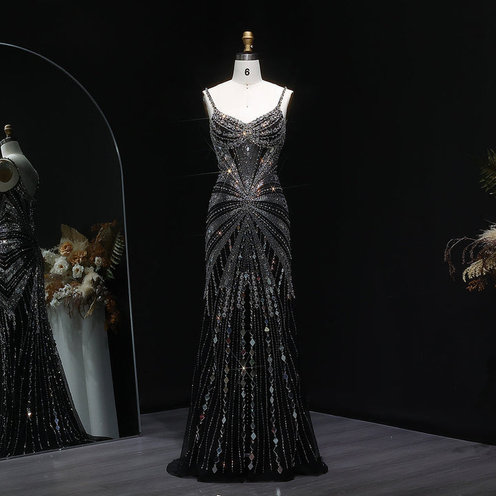 Elegant Beaded Evening Dress with Spaghetti Straps SS020