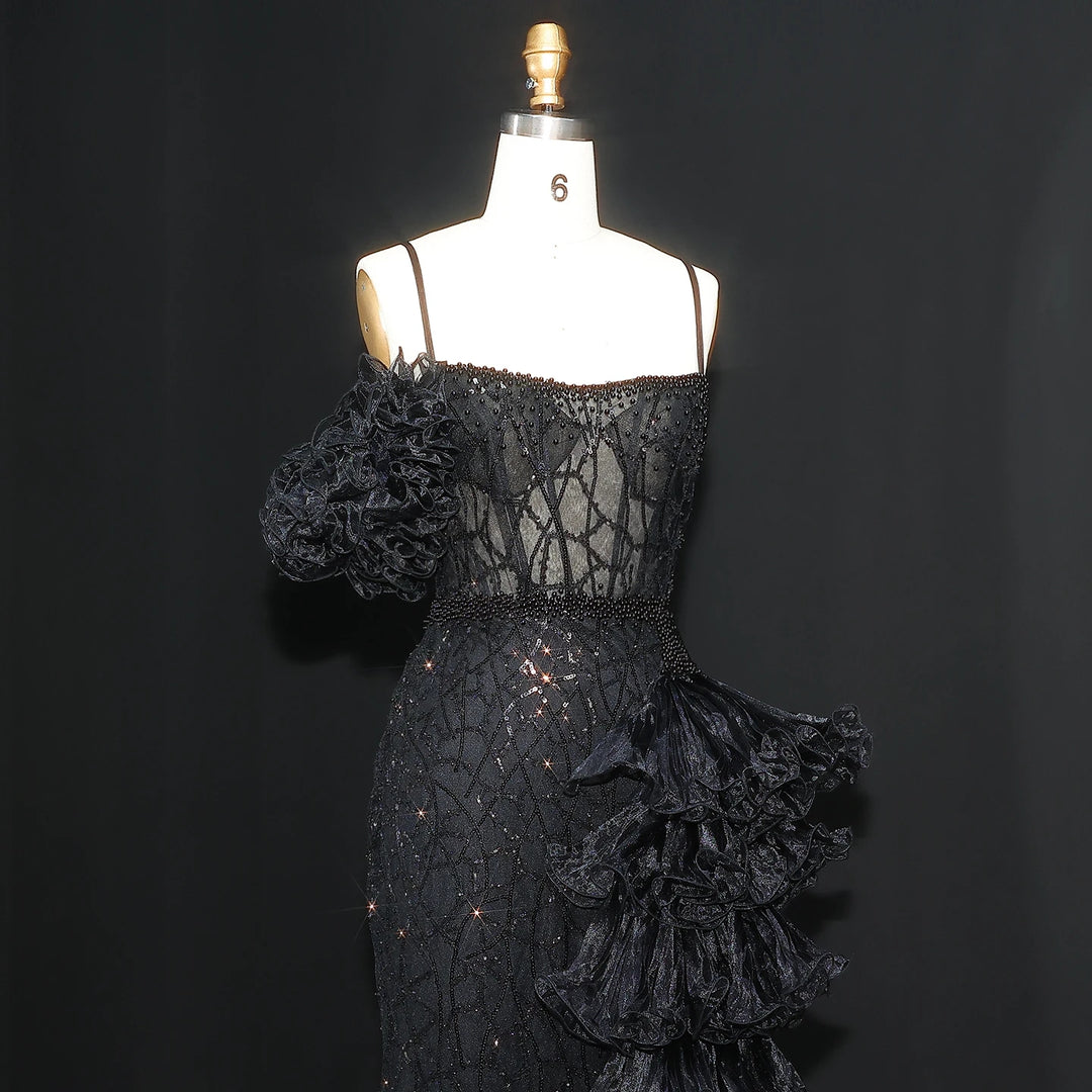 Elegant Gold Evening Dress with Tiered Ruffles SS046