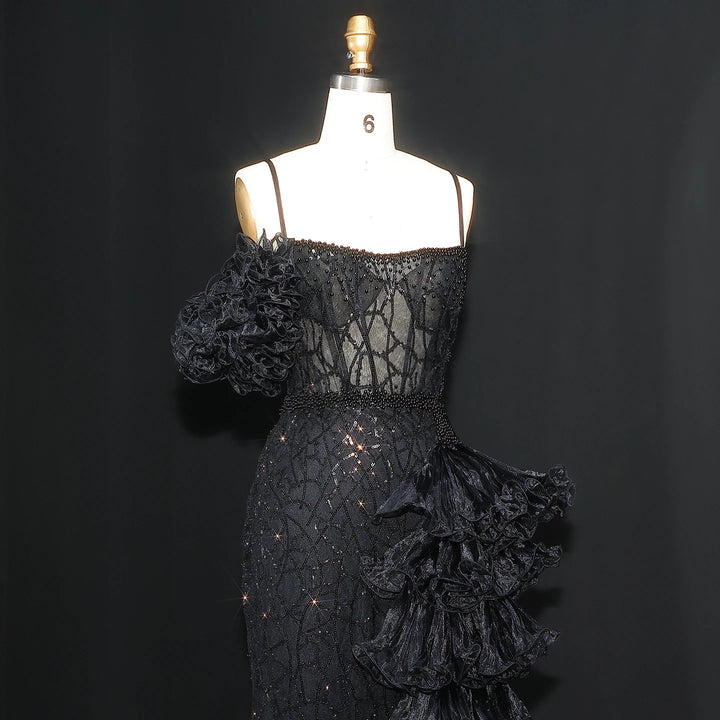 Elegant Gold Evening Dress with Tiered Ruffles SS046