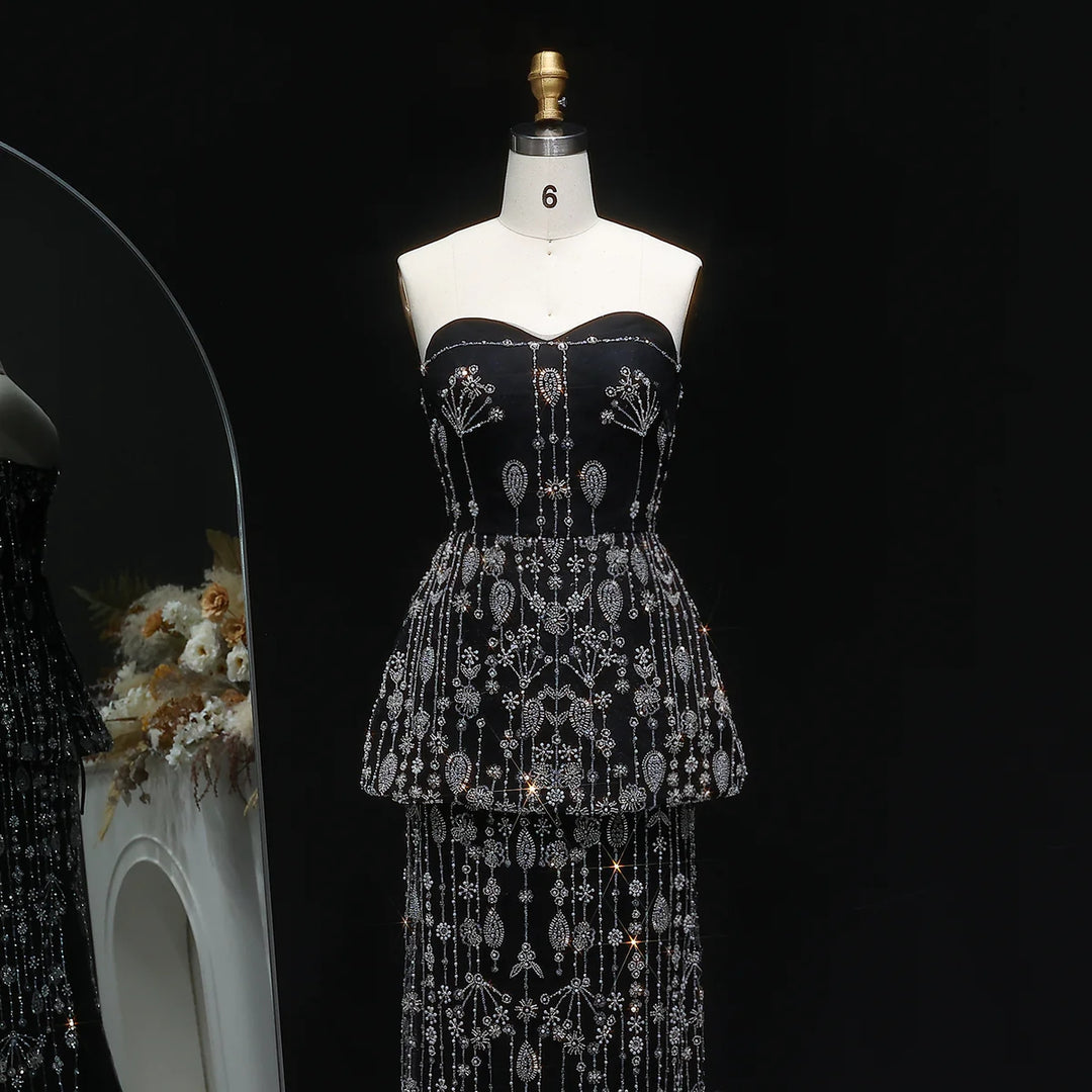 Elegant Black Strapless Evening Dress with Beaded Peplum Overlay SS635