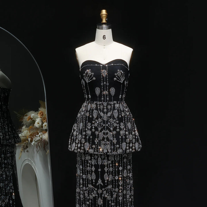 Elegant Black Strapless Evening Dress with Beaded Peplum Overlay SS635