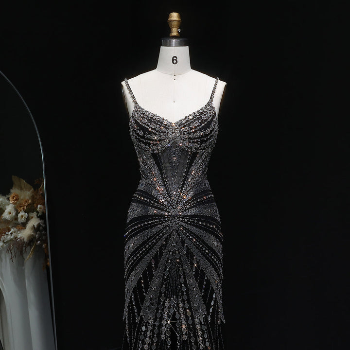 Elegant Beaded Evening Dress with Spaghetti Straps SS020