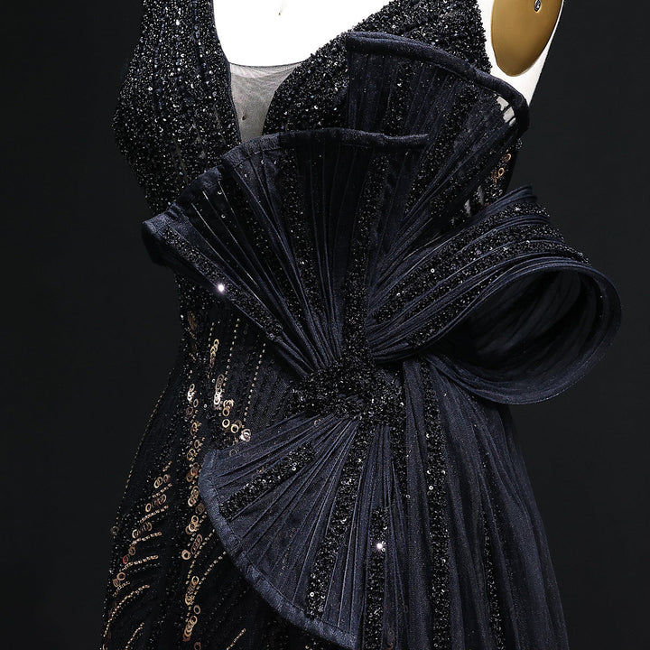 Elegant 3D Floral Beaded Evening Dress with Flowing Overskirt SS062