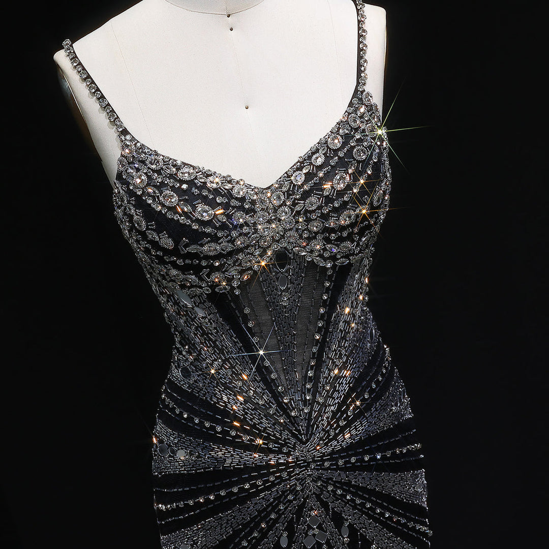 Elegant Beaded Evening Dress with Spaghetti Straps SS020