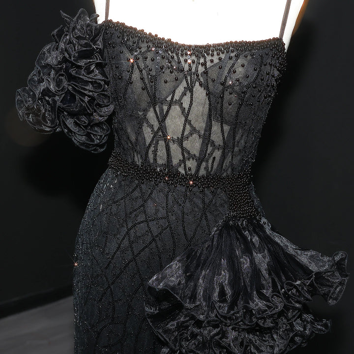 Elegant Gold Evening Dress with Tiered Ruffles SS046