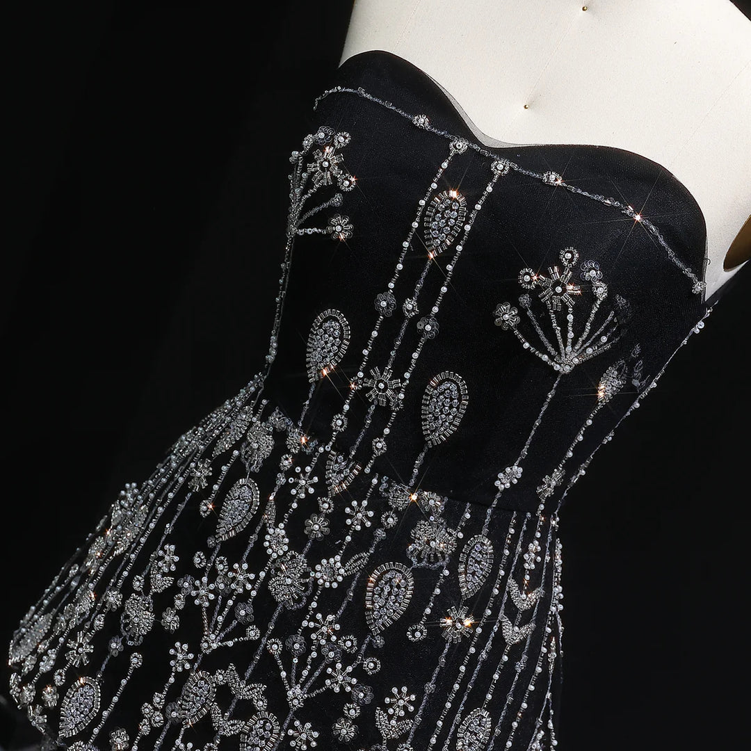 Elegant Black Strapless Evening Dress with Beaded Peplum Overlay SS635