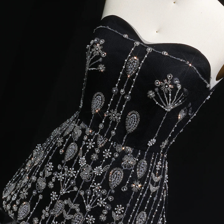 Elegant Black Strapless Evening Dress with Beaded Peplum Overlay SS635