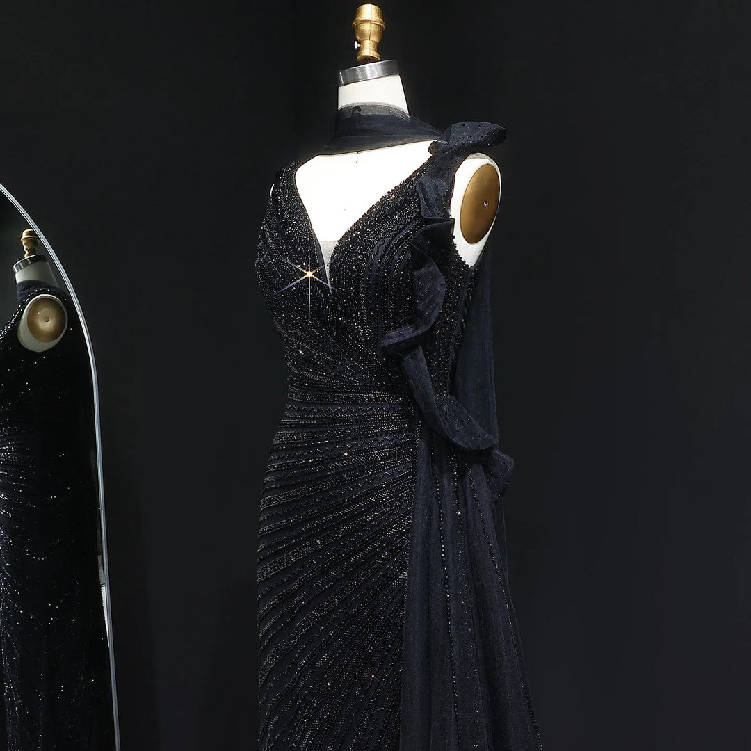 Luxury Burgundy Mermaid Evening Dress with Sparkling Beads, Scarf and Overskirt SS189