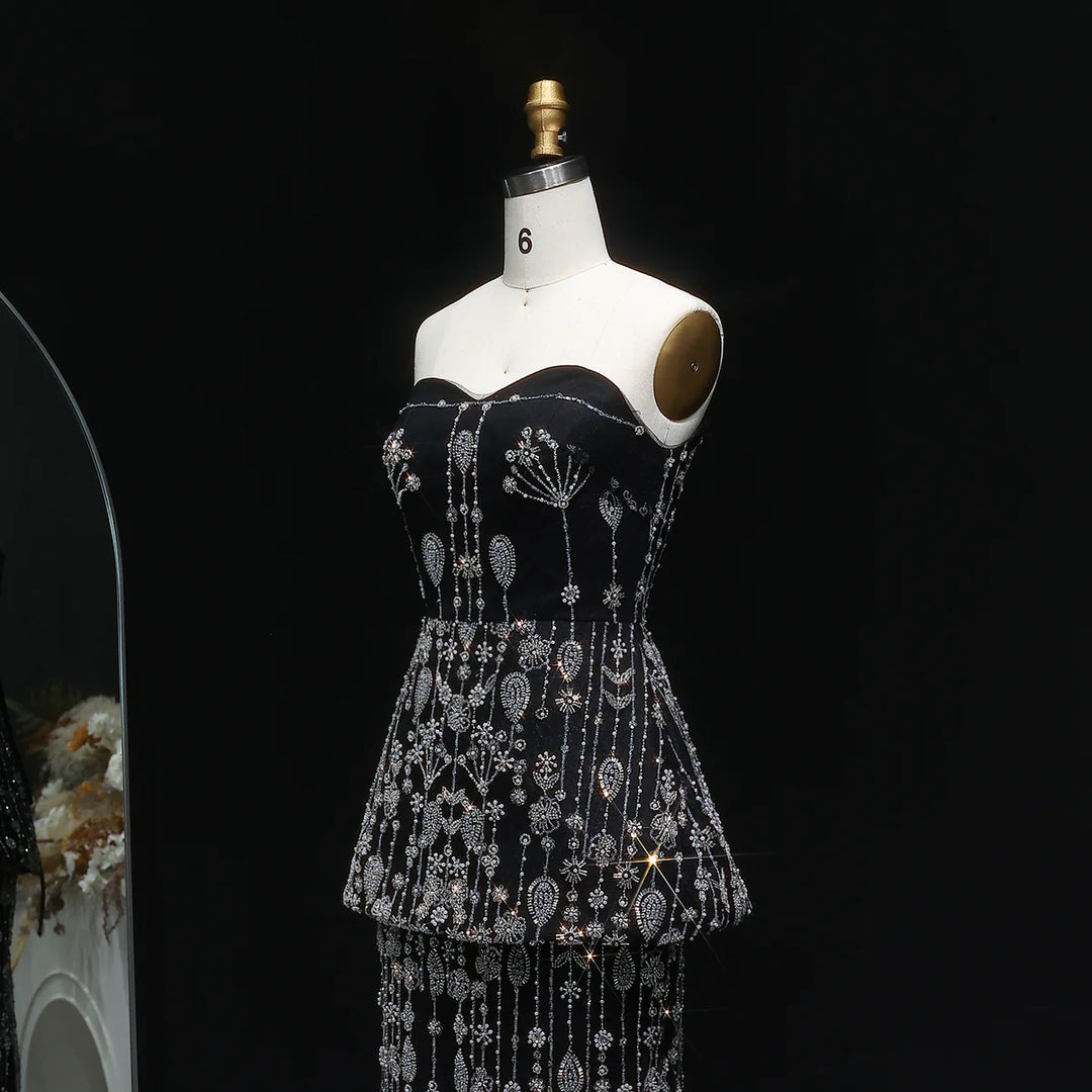 Elegant Black Strapless Evening Dress with Beaded Peplum Overlay SS635