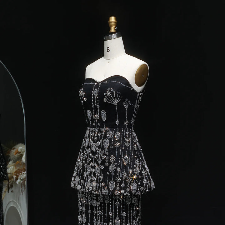 Elegant Black Strapless Evening Dress with Beaded Peplum Overlay SS635