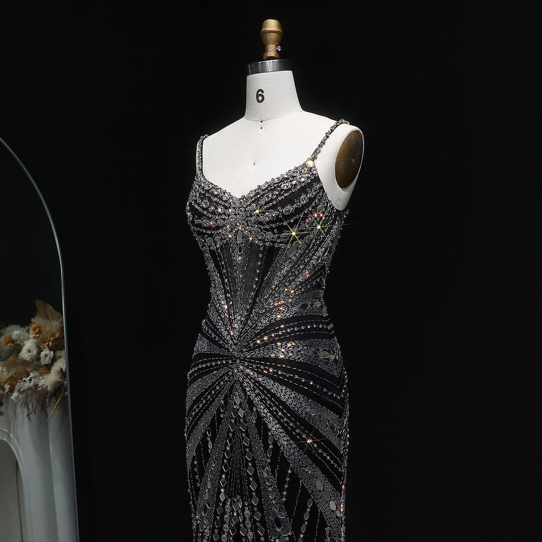 Elegant Beaded Evening Dress with Spaghetti Straps SS020