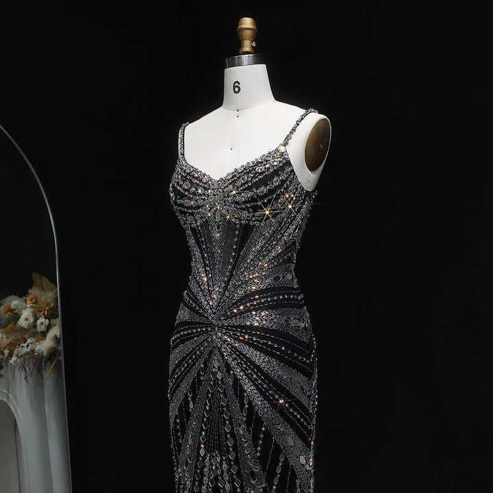 Elegant Beaded Evening Dress with Spaghetti Straps SS020