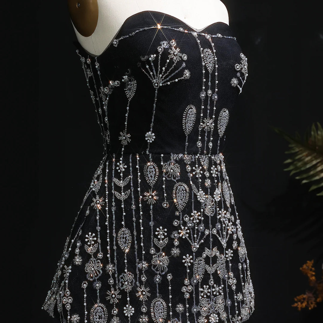 Elegant Black Strapless Evening Dress with Beaded Peplum Overlay SS635