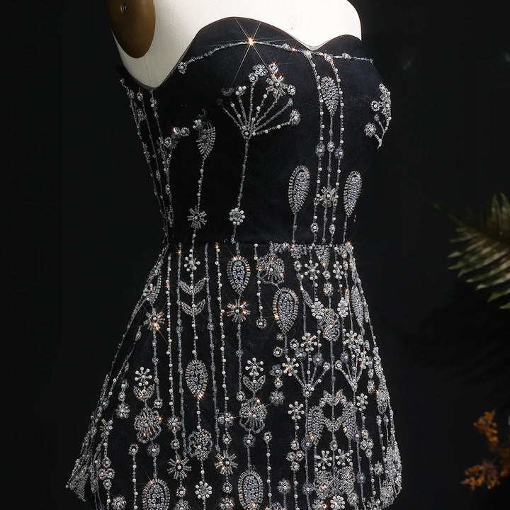 Elegant Black Strapless Evening Dress with Beaded Peplum Overlay SS635