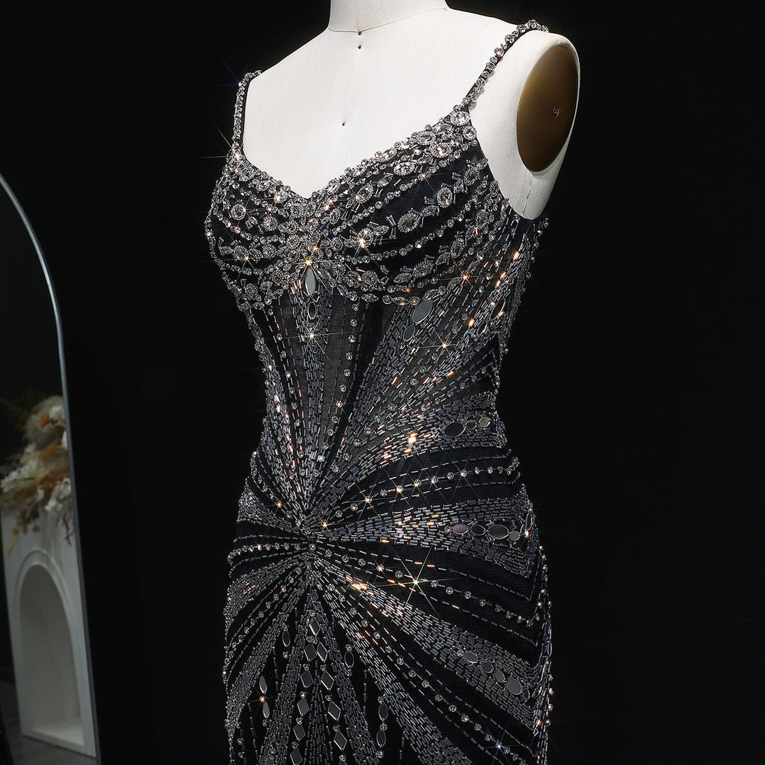 Elegant Beaded Evening Dress with Spaghetti Straps SS020