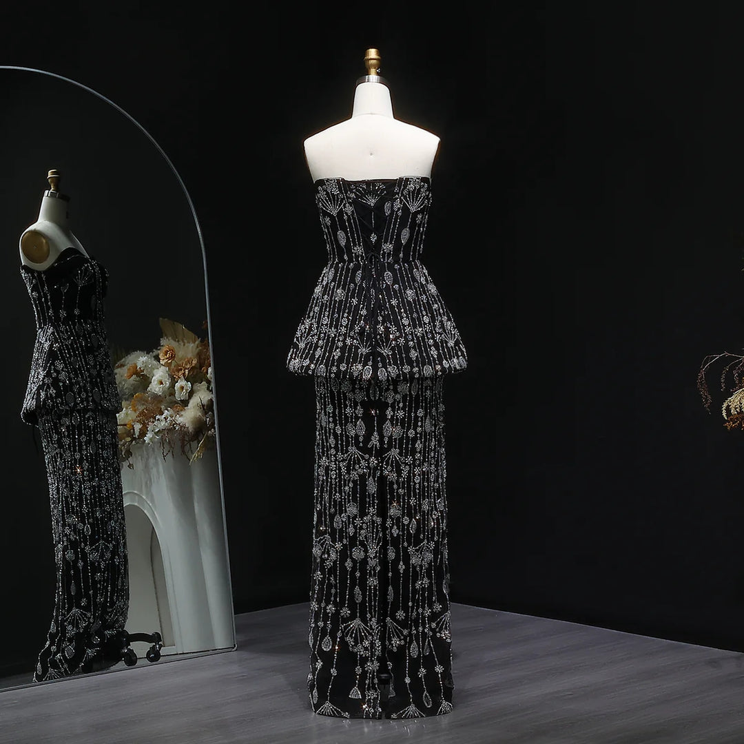 Elegant Black Strapless Evening Dress with Beaded Peplum Overlay SS635