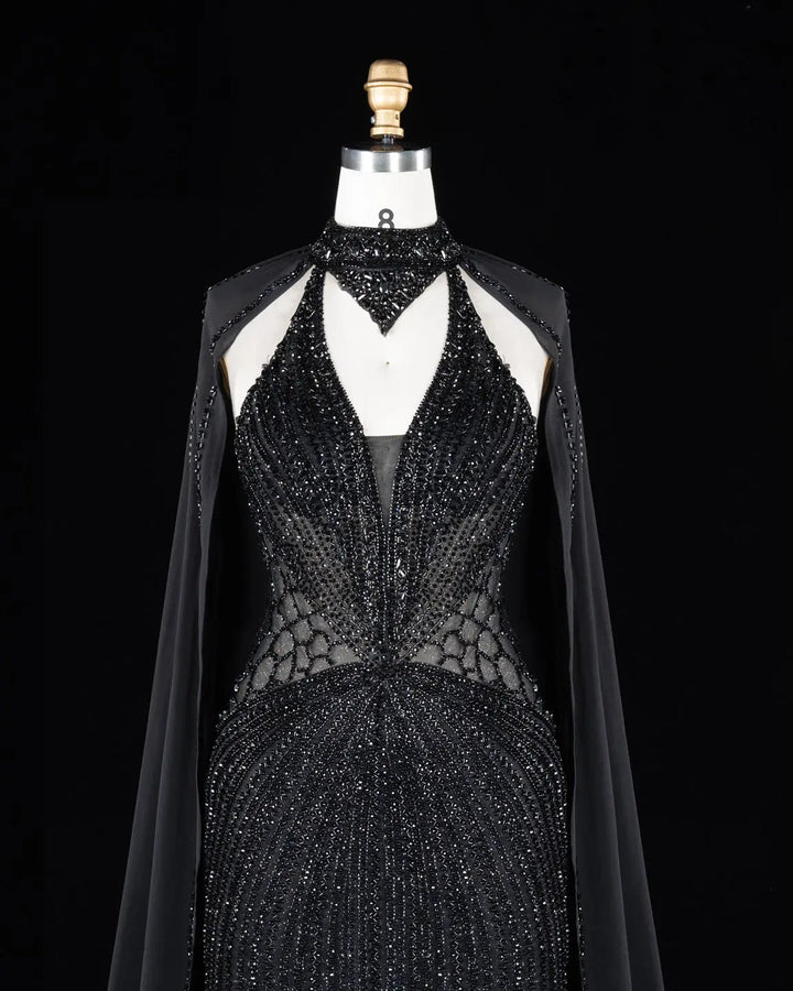 Dreamy Vow Beaded Cape Evening Gown with Illusion Waist SS049