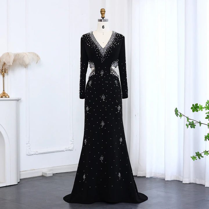 Elegant Black Pearl-Embellished Long Sleeve Prom Dress XD019
