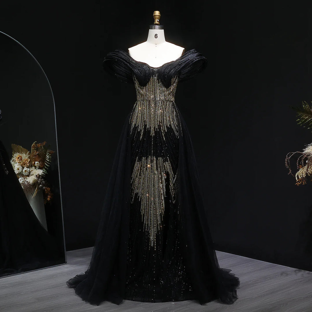 Luxury Beaded Corset Evening Gown with Dramatic Overskirt SS717