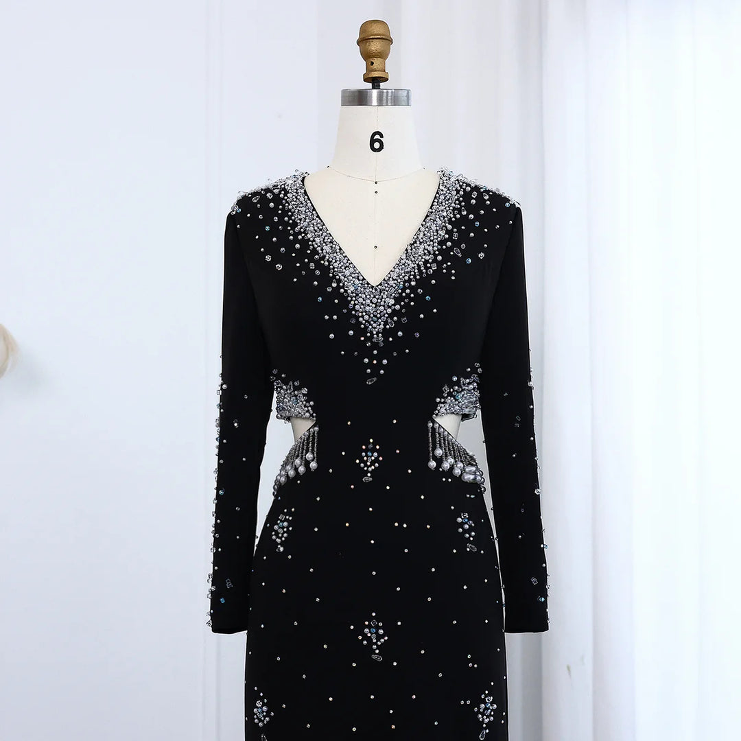 Elegant Black Pearl-Embellished Long Sleeve Prom Dress XD019