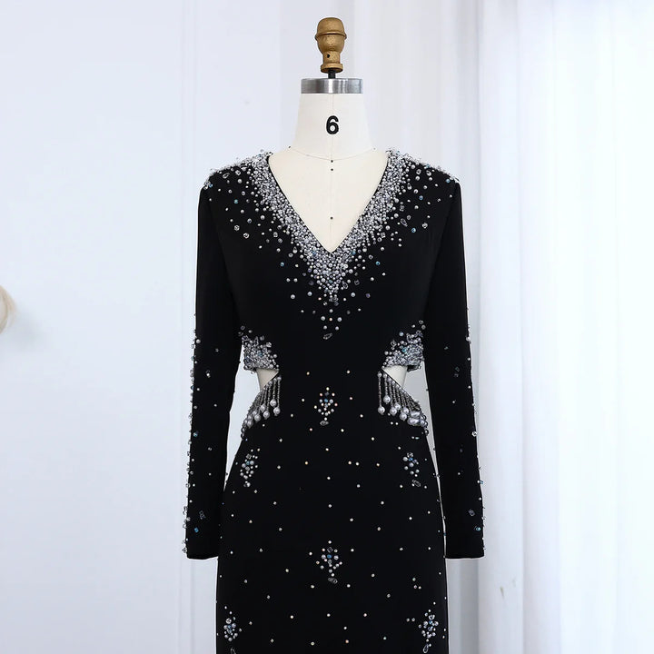 Elegant Black Pearl-Embellished Long Sleeve Prom Dress XD019