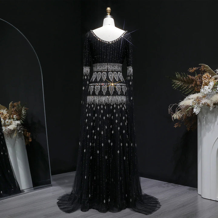 Luxury Crystal Embellished Cape Long Sleeve Evening Dress SS009